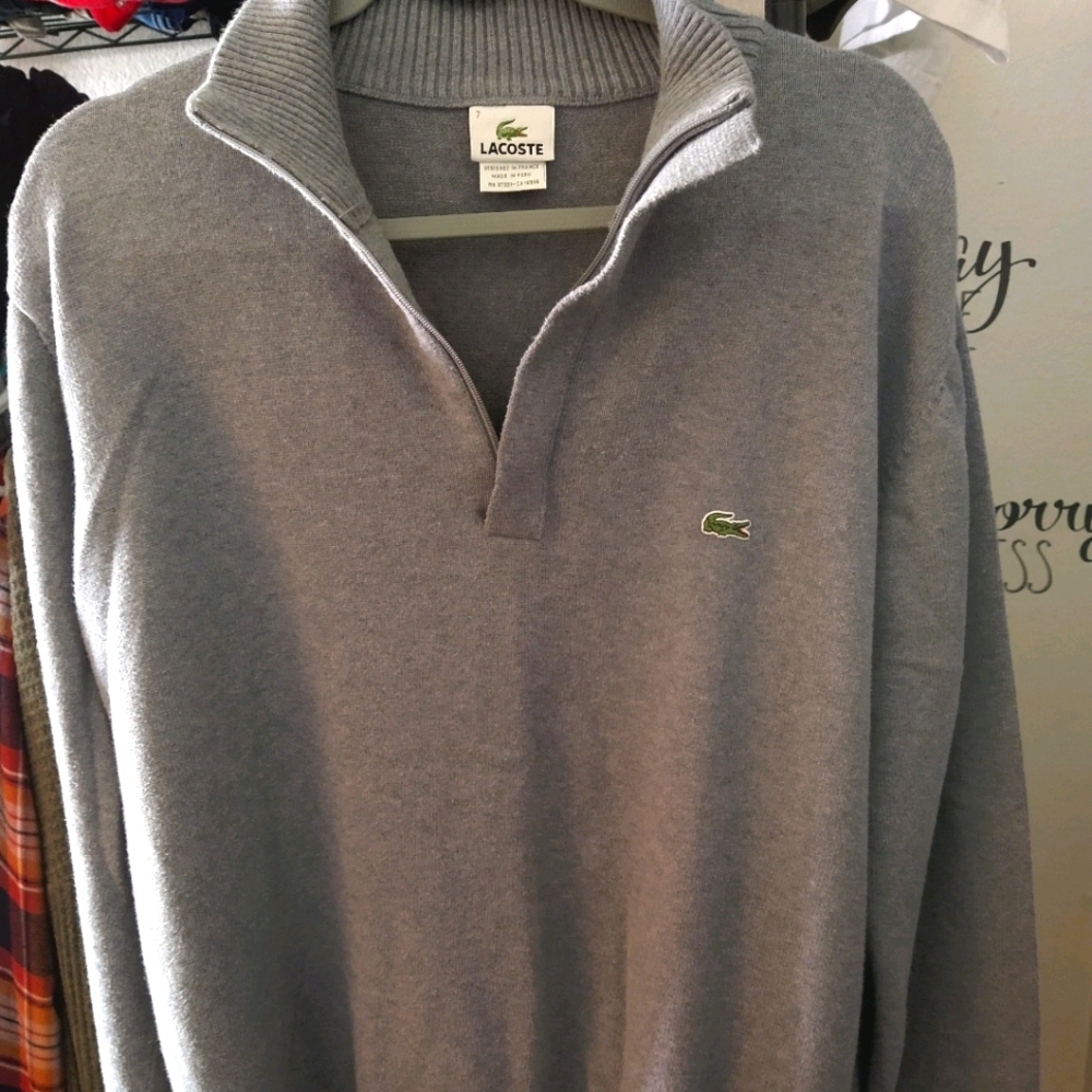 Lacoste Quarter Zip Cotton Sweater, Gray, 7 (XXL)